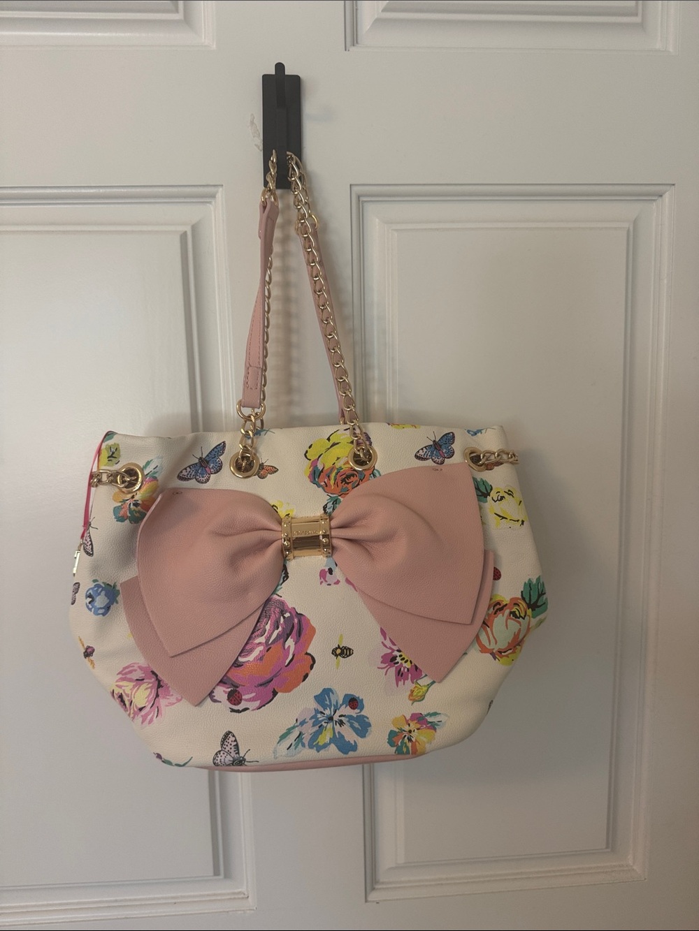 Betsey Johnson Cream Floral Shoulder Bag with Pink Bow